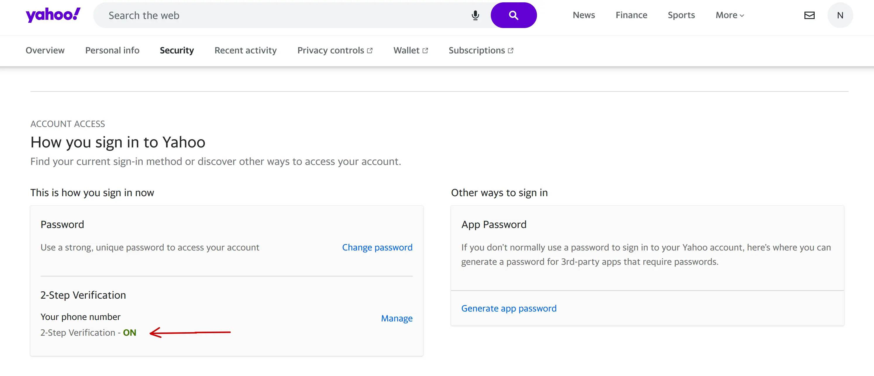 yahoo 2-step verification section